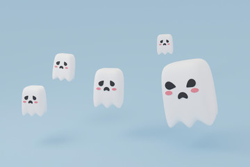 Happy Halloween. Cute White Little Ghost Funny Simple Cartoon Flying on Blue Pastel Background. for minimal idea creative concept. 3D Illustration