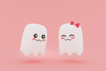 Happy Halloween. Cute White Little Ghost Funny Simple Cartoon Flying on Pink Pastel Background. for minimal idea creative concept. 3D Illustration
