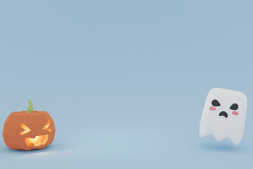 Happy Halloween. Cute White Little Ghost Funny Simple Cartoon Flying on Blue Pastel Background & Copy Space . for minimal idea creative concept. 3D Illustration