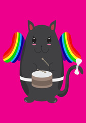 flying kitty winged kawaii holding a musical instruments drum