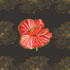 Retro pattern of gold poppies. Ornament in art nouveau style.