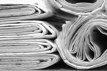 Newspapers with Headlines and Articles. Folded and Rolled Pages with News. Tabloid Journals and Magazines Stacked in Pile. Concept for Business and Communication