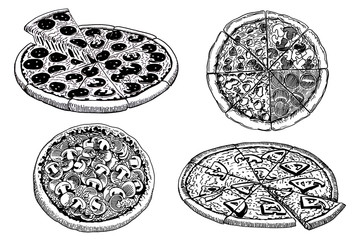 Hand-drawn set of pizza isolated on white , jpg illustration, fast food