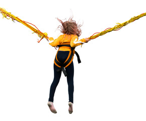 Girl jumping on a bungee isolated