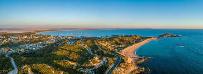 Sunset over Beachport and Bowman scenic drive - aerial panorama
