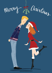 Merry Christmas kiss under the mistletoe