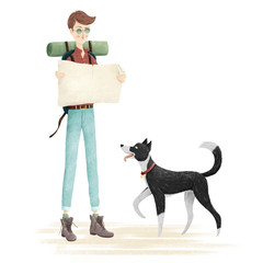 Man with map, backpack and dog