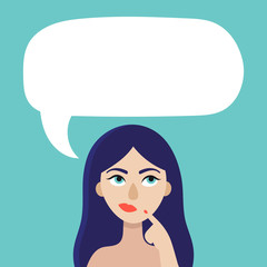 A young beautiful woman thinks.The speech bubble.Space for your text.Doubts, experiences, choices.Flat vector illustration on a blue background
