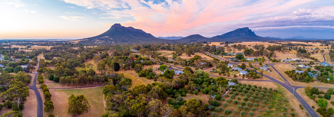 Wide aerial panorama of Grampians mountains and countryside at sunset