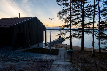 Obraz premium Wooden house and pine forest on shore of Gulf of Finland in morning at dawn in Finland. Beautiful northern landscape with skyline.