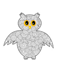 ornamental Owl, ethnic zentangled mascot, amulet, mask of bird, patterned animal for adult anti stress coloring pages.