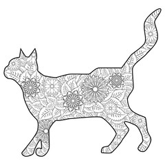 Coloring book Magic cat for adults. Hand drawn artistically ethnic ornament with patterned illustration