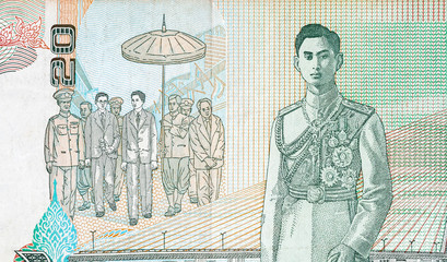 King Bhumibol Adulyadej on 20 Baht Thailand money bill close up