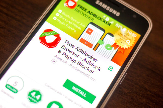 Ryazan, Russia - May 04, 2018: Free Adblocker Browser mobile app on the display of cell phone.