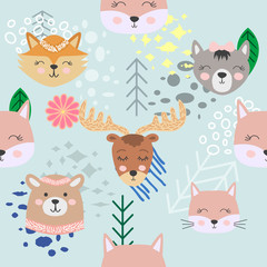 Obraz na płótnie Canvas Autumn forest seamless pattern with cute animals