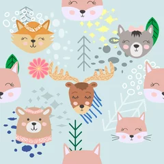 Wallpaper murals Little deer Autumn forest seamless pattern with cute animals