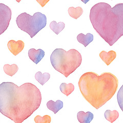 Watercolor seamless pattern for Valentine's day with hearts on white background