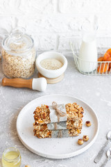 Homemade granola bars with pumpkin seeds and dried apricots.