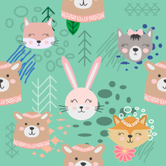 Obraz premium Autumn forest seamless pattern with cute animals