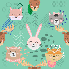 Hand drawn camping seamless pattern with cartoon characters