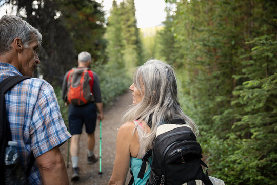 Mature Couple Hiking On Forest Trail