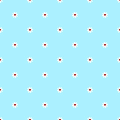 chamomile pattern with hearts on blue background.