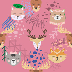 Hand drawn camping seamless pattern with cartoon characters