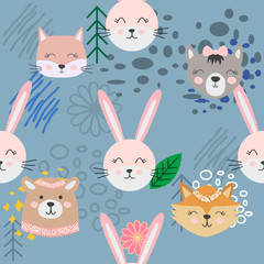 Autumn forest seamless pattern with cute animals