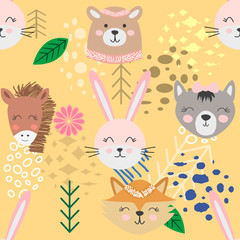 Autumn forest seamless pattern with cute animals