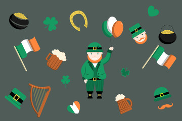 St. Patric s day. Happy holiday set with leprechaun holding balloons and symbols of Ireland. Isolated objects for holiday decoration.