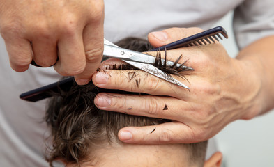 Hairdresser cuts the hair of a boy with scissors