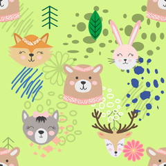 Autumn forest seamless pattern with cute animals