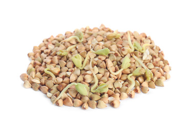 Pile of sprouted green buckwheat isolated on white