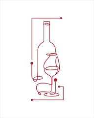 Wine glass and bottle. Single line icon in modern style. Design element for wine tasting, menu, wine list, restaurant, winery, shop. Continuous line.