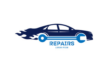 Service car logo. Vector template made in the form of an automobile silhouette with key and fire.