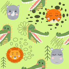 Cartoon cute animal tribal faces. Boho cute animals pattern