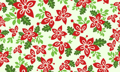 Seamless red flower pattern background for Christmas, with leaf and flower decor.