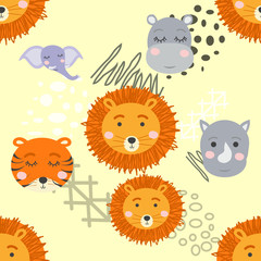 Cartoon cute animal tribal faces. Boho cute animals pattern