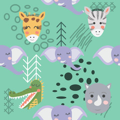 Cartoon cute animal tribal faces. Boho cute animals pattern