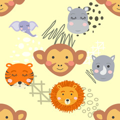 Cartoon cute animal tribal faces. Boho cute animals pattern