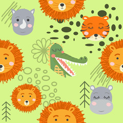 Cartoon cute animal tribal faces. Boho cute animals pattern