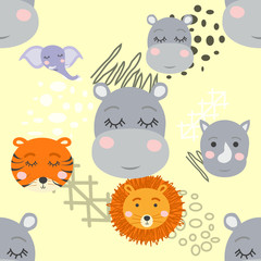 Cartoon cute animal tribal faces. Boho cute animals pattern