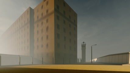 old prison in the fog 3d rendering