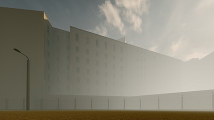 Fototapeta na wymiar old prison in the fog 3d rendering