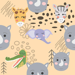 Cartoon cute animal tribal faces. Boho cute animals pattern