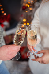 Celebration. Hands holding the glasses of champagne and wine making a toast. The party, wedding, celebration, alcohol, lifestyle, friendship, holiday, christmas, new, year and clinking concept.