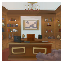The image of the cabinet in the house. shelves with books, a large table and an armchair.