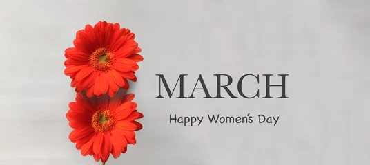 Foto op Canvas Two red Gerbera flowers and "March. Happy Women's day" text in English © Marta