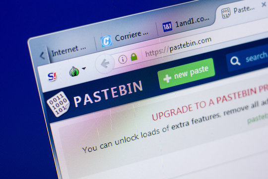 Ryazan, Russia - May 08, 2018: Pastebin website on the display of PC, url - Pastebin.com.