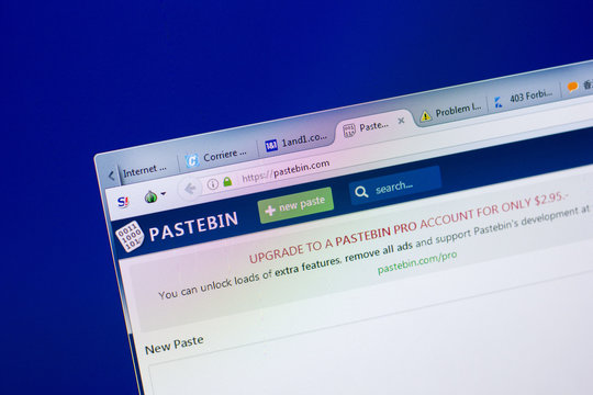 Ryazan, Russia - May 08, 2018: Pastebin website on the display of PC, url - Pastebin.com.